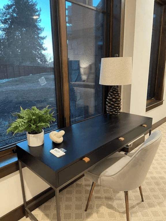A desk with a lamp and a plant on it in front of a window.