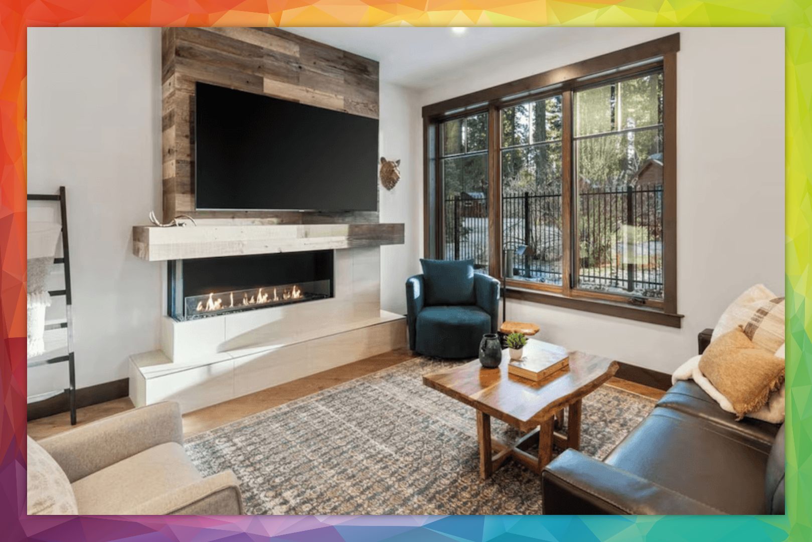 A living room with a couch , chair , table and television.