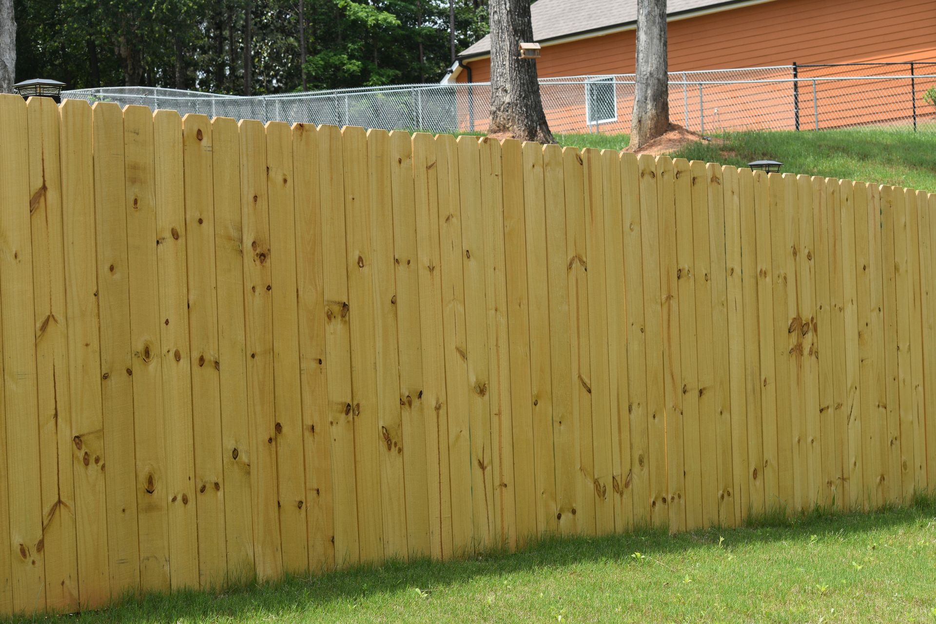 A white picket fence surrounds a lush green yard.