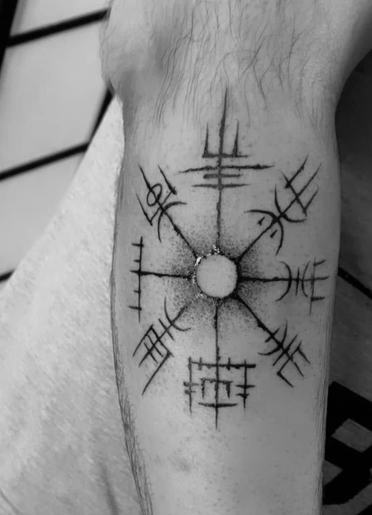 Black and White Photo of a Person's Forearm With a Helm of Awe Tattoo — Pins and Needles Tattoo in Kewarra Beach, QLD