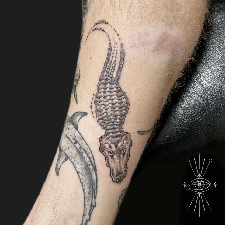 Leg with a dolphin and crocodile tattoo.