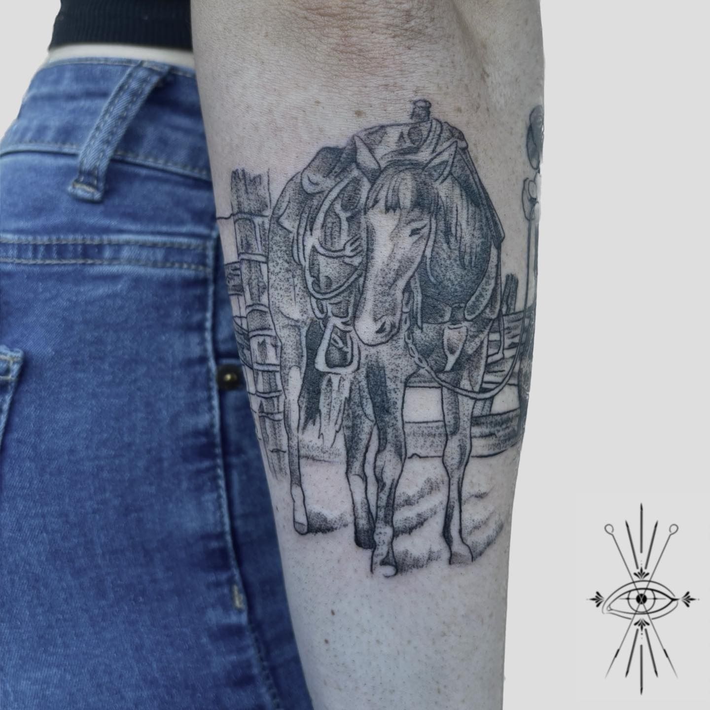 Black and White Tattoo of a Saddled Horse Standing by a Fence — Pins and Needles Tattoo in Redlynch, QLD