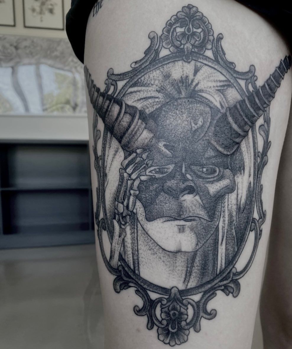 Tattoo of a Horned Demon With Skeletal Hand Over Its Eye — Pins and Needles Tattoo in Smithfield, QLD