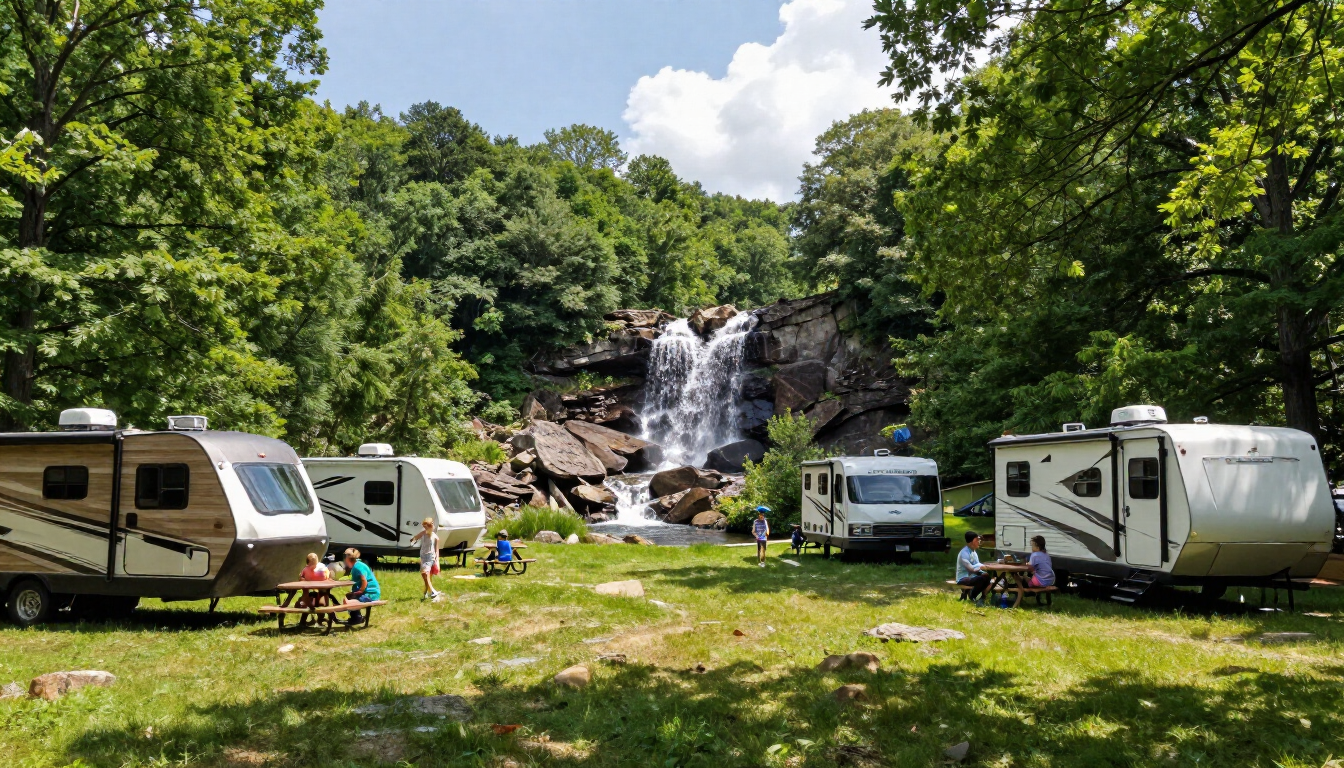 Scenic view of family-friendly campgrounds in Virginia with RVs and waterfall.