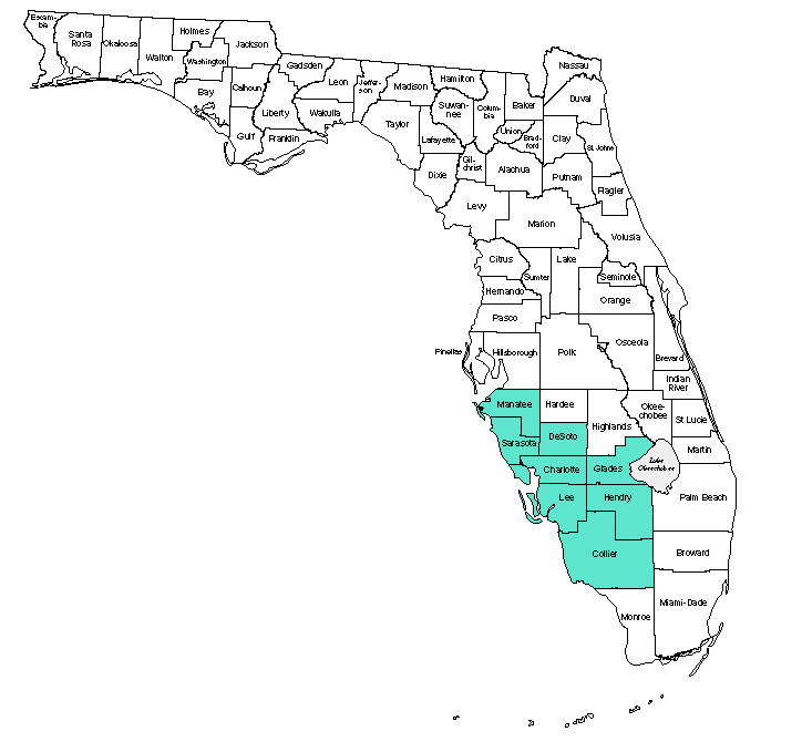A map of the state of florida with a blue area highlighted.
