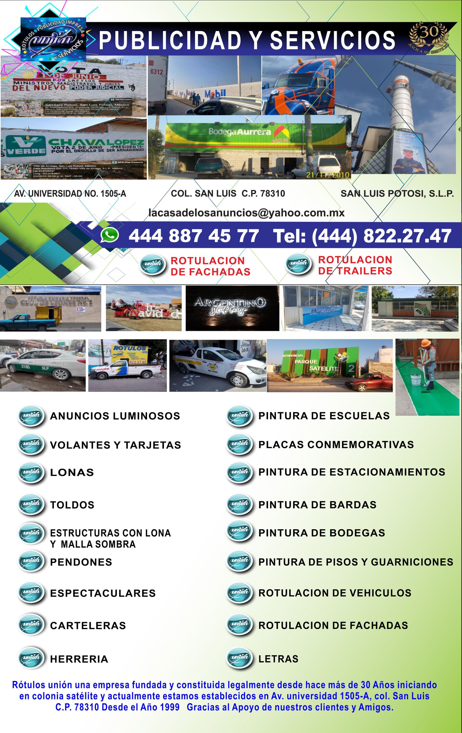 Anuncio de publicidad y servicios con número de teléfono y fotos de los servicios.