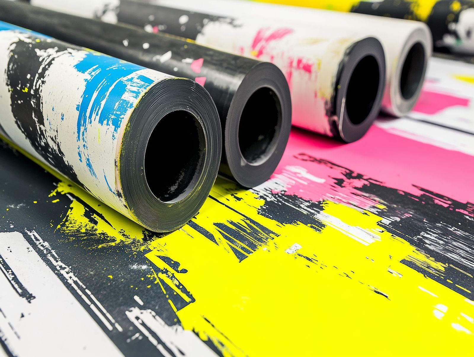 Rodillos de tinta con pinceladas abstractas en cian, magenta, amarillo y negro.