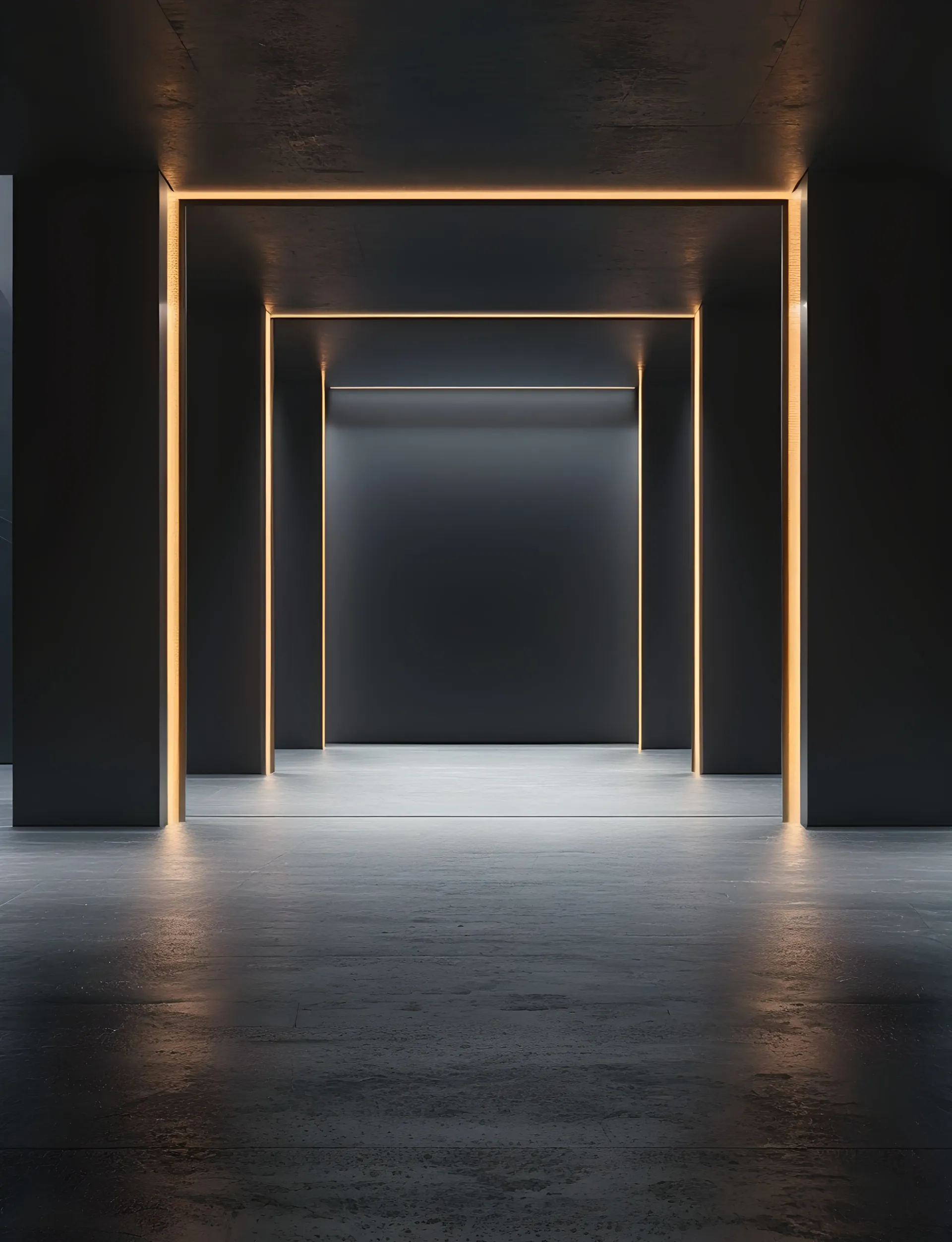 Couloir sombre aux lignes dorées symbolisant les choix et les risques d’un projet d’intelligence art
