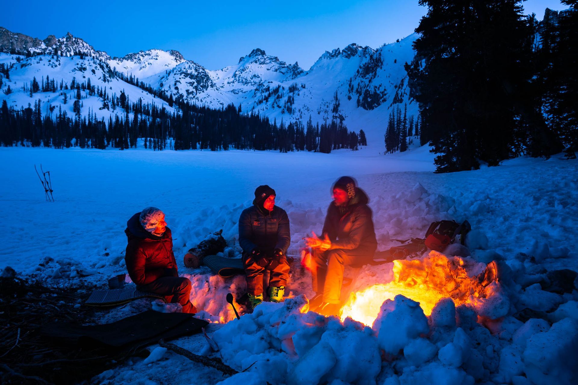 backcountry winter wilderness camping fire skiing overnight