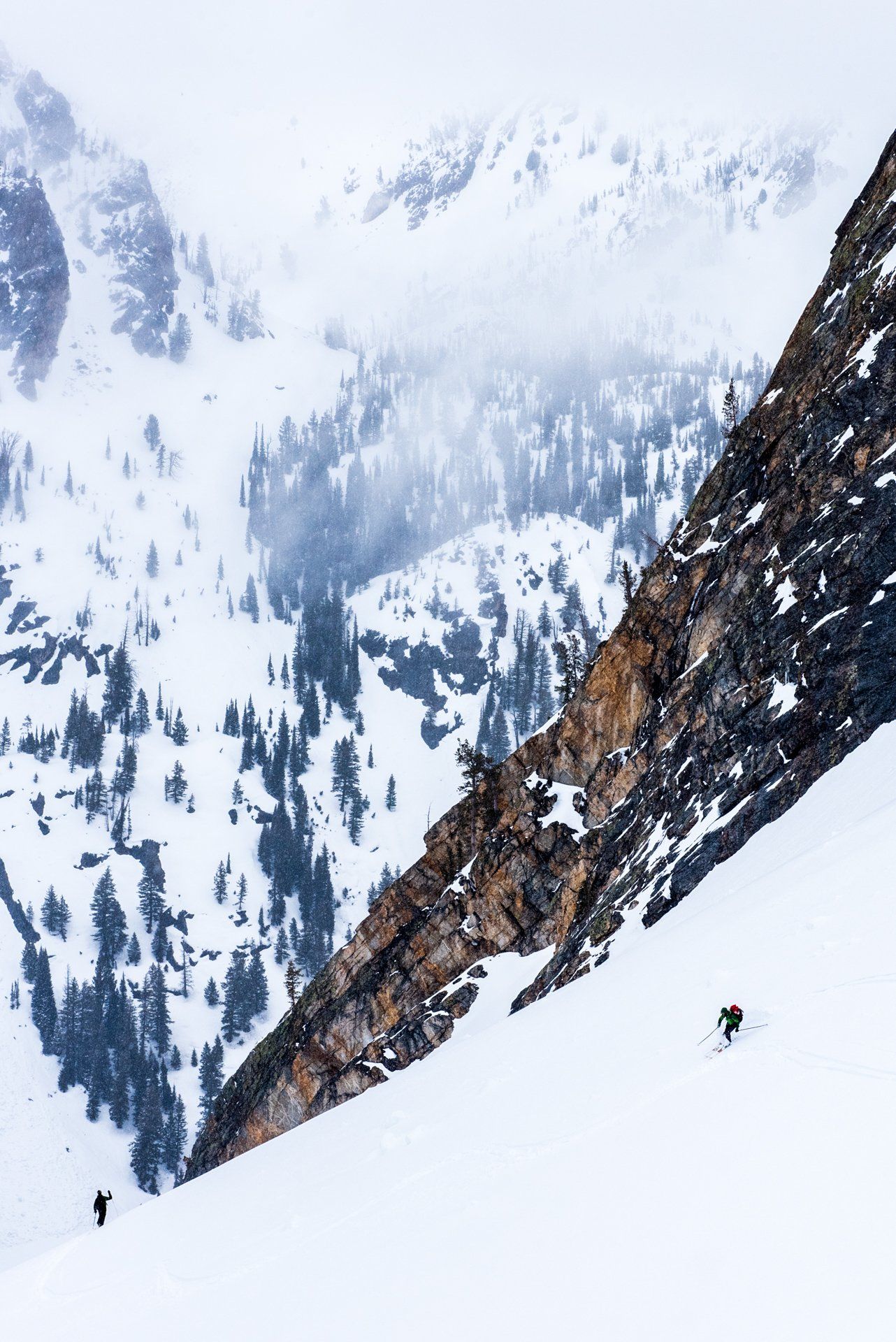 Backcountry skiing in mountain wilderness