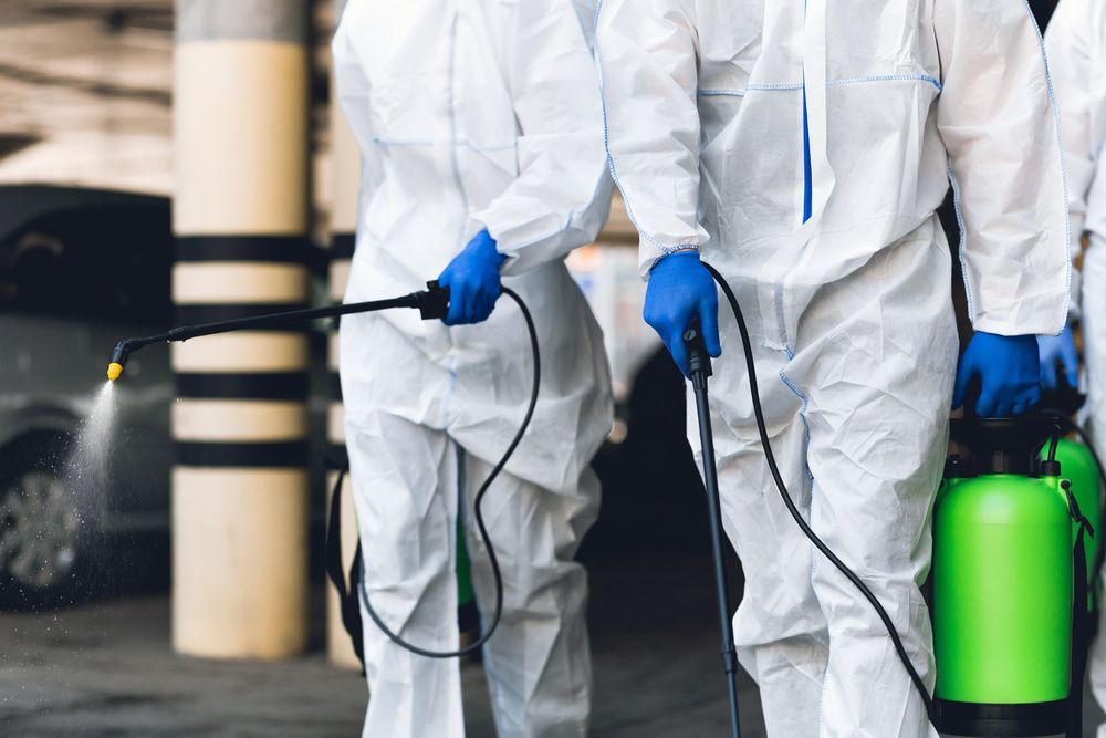 A Group Of People In Protective Suits Are Spraying Chemicals On A Parking Lot — Aust Outback Pest Co In Howard Springs, NT