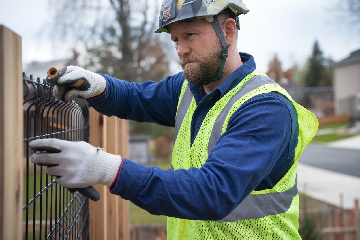 Construction worker in safety vest, hard hat, and gloves installs a black metal fence.