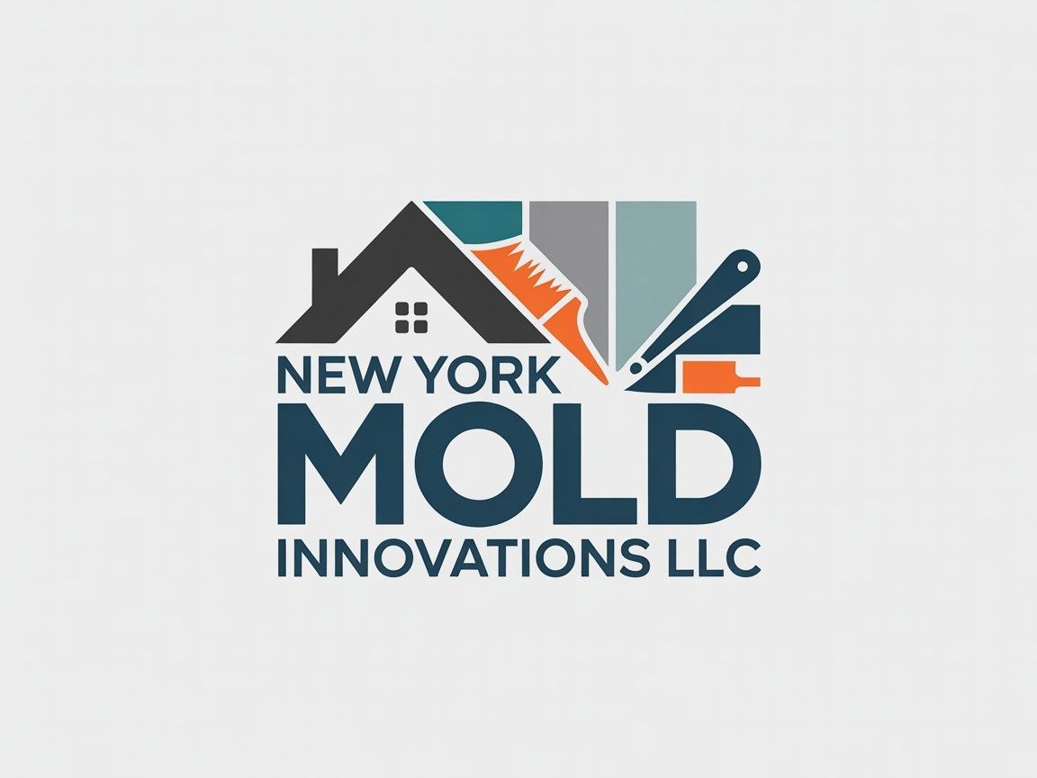 Logo for New York Mold Innovations LLC: a house silhouette with a paintbrush and scraper, in blue and orange hues.