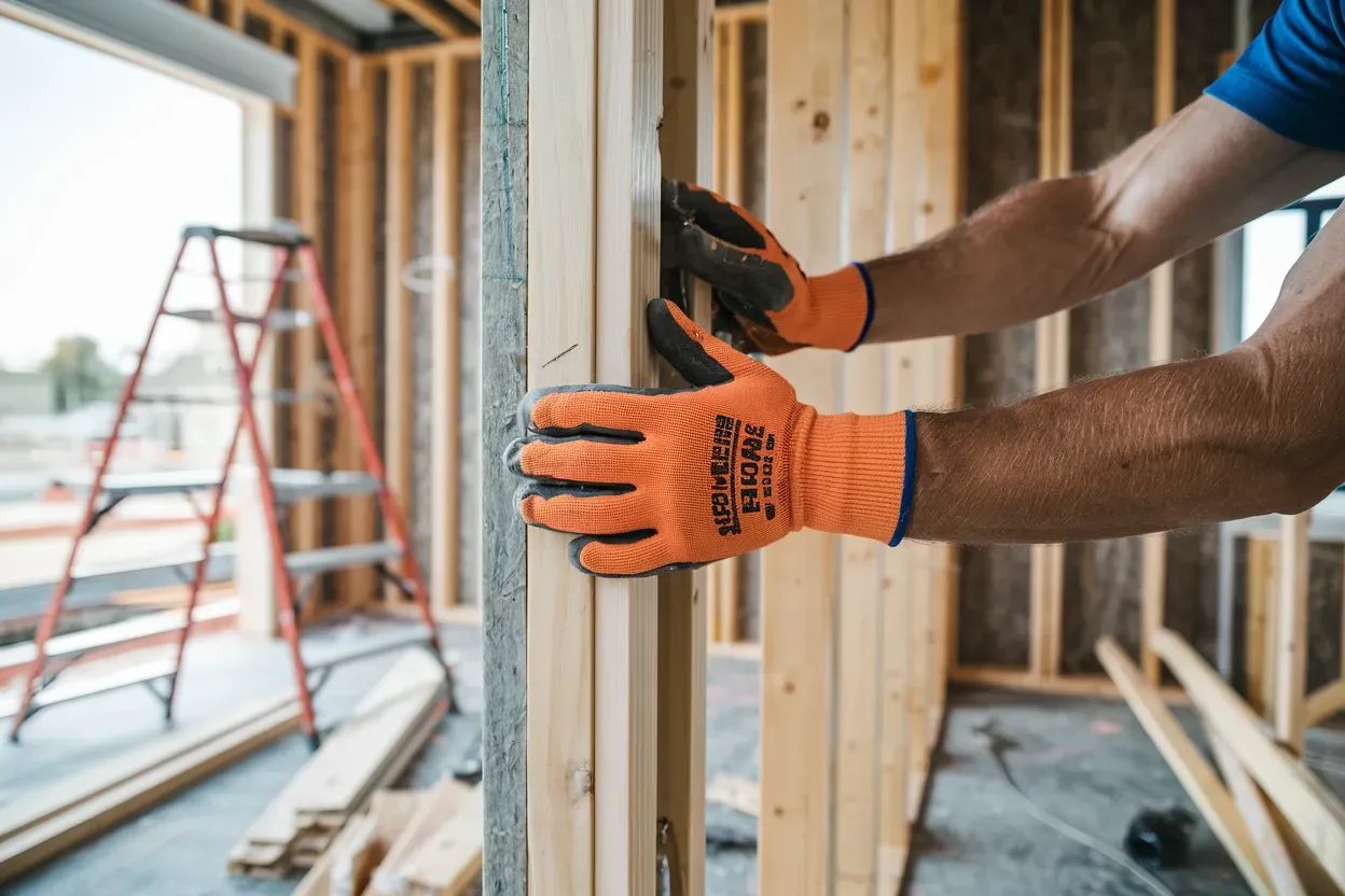 A man wearing orange gloves is working on a wooden wall.