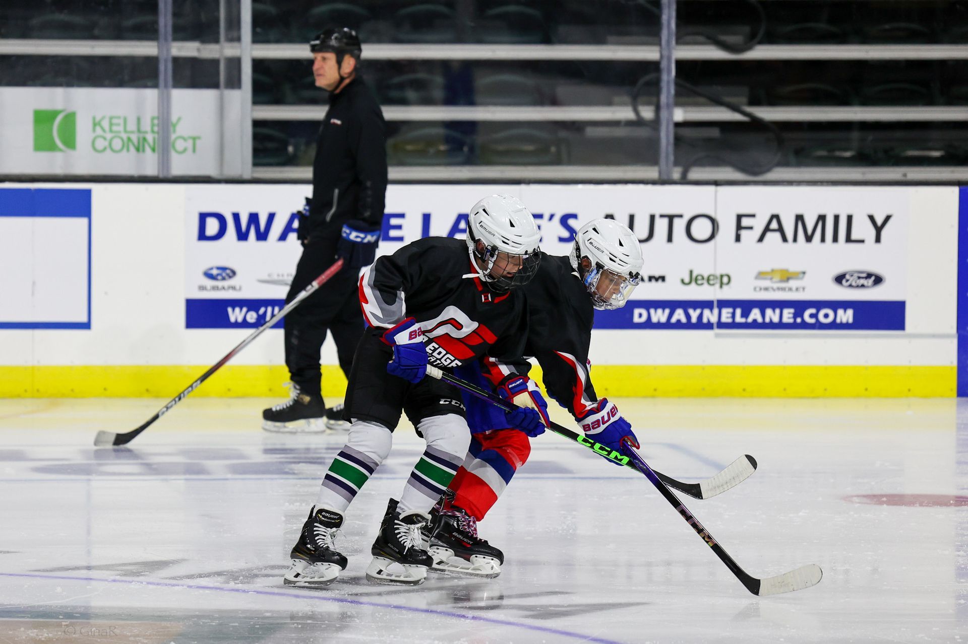 A hockey game is being played in front of a sign that says dwayne 's auto family