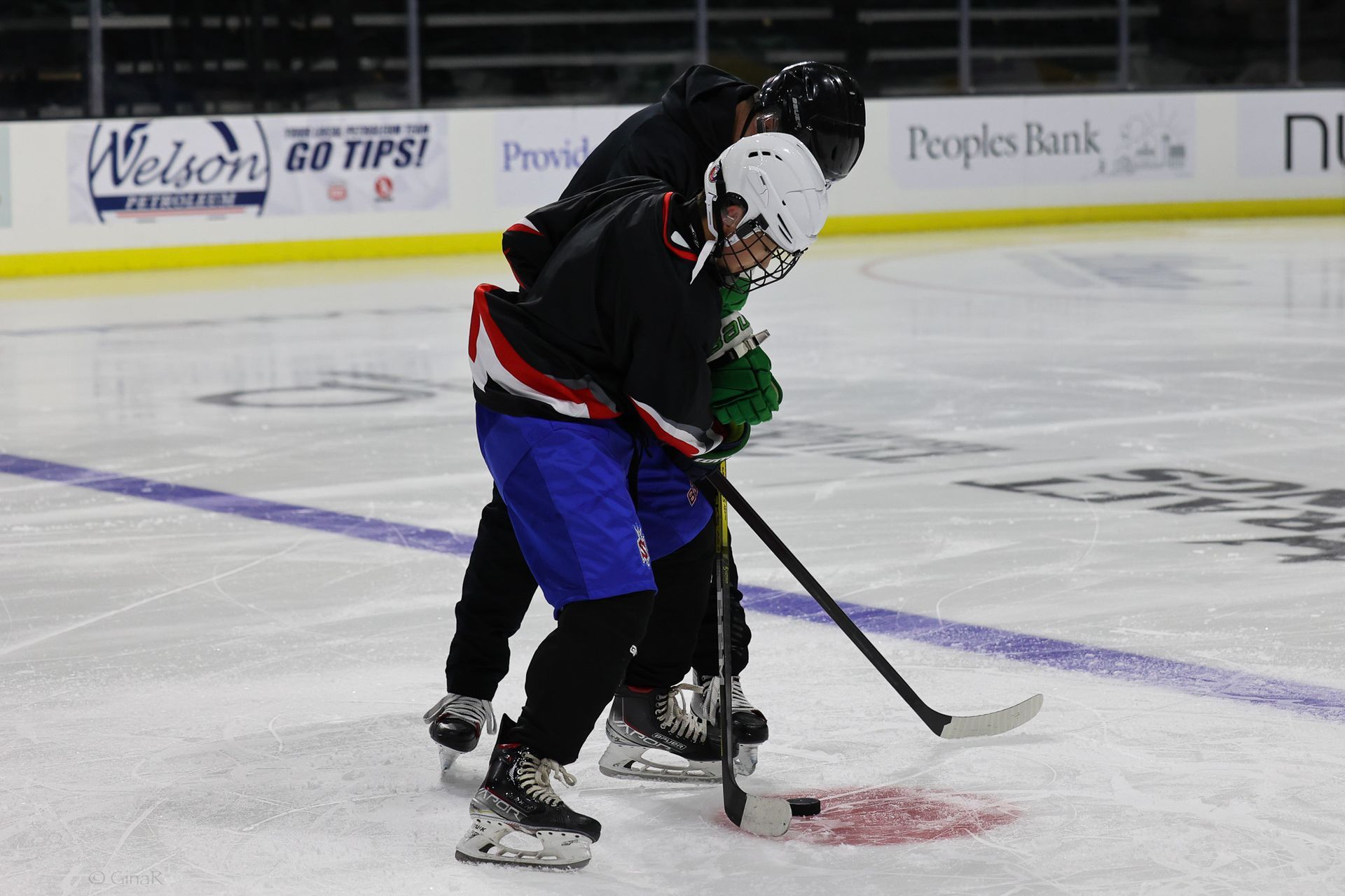 Two hockey players are playing on a rink with a nelson go tips sign in the background