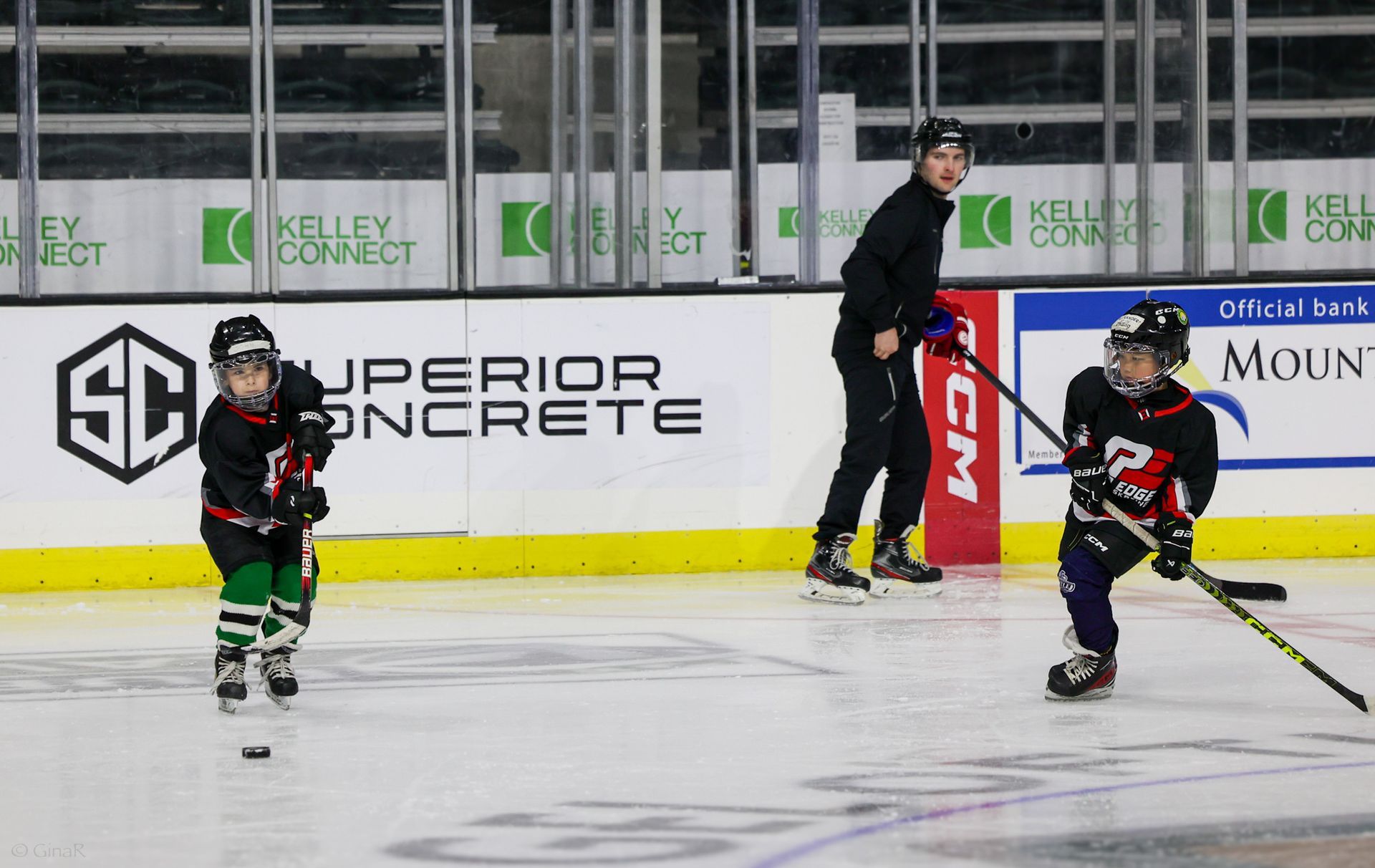 A group of young boys are playing ice hockey on a rink.