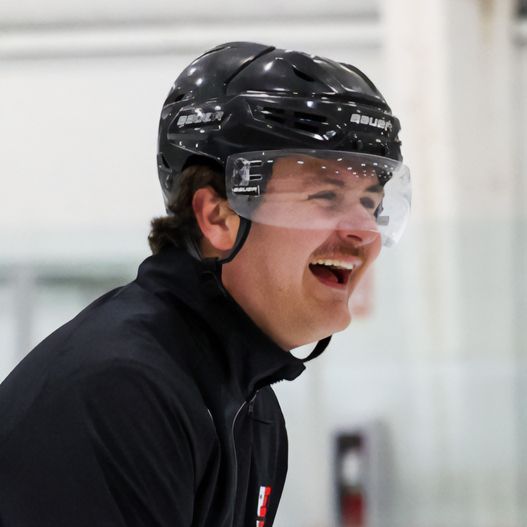 A man wearing a helmet and green gloves holds a hockey stick