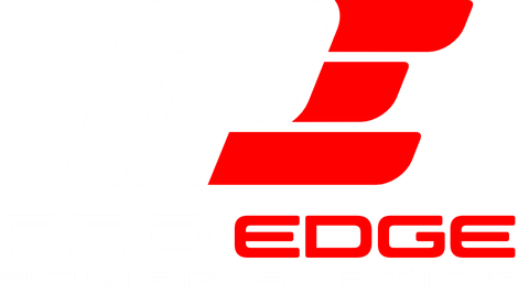 A red and white logo for edge twenty twenty five