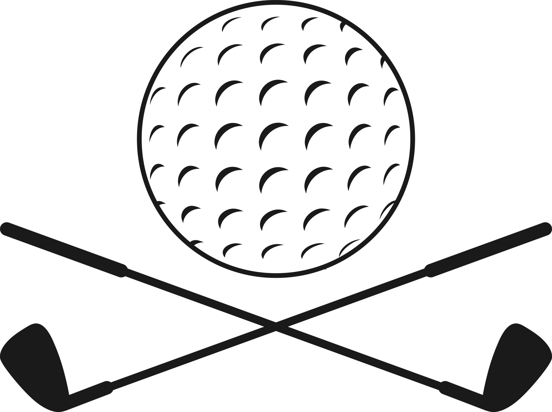 A black and white drawing of a golf ball and two crossed golf clubs.