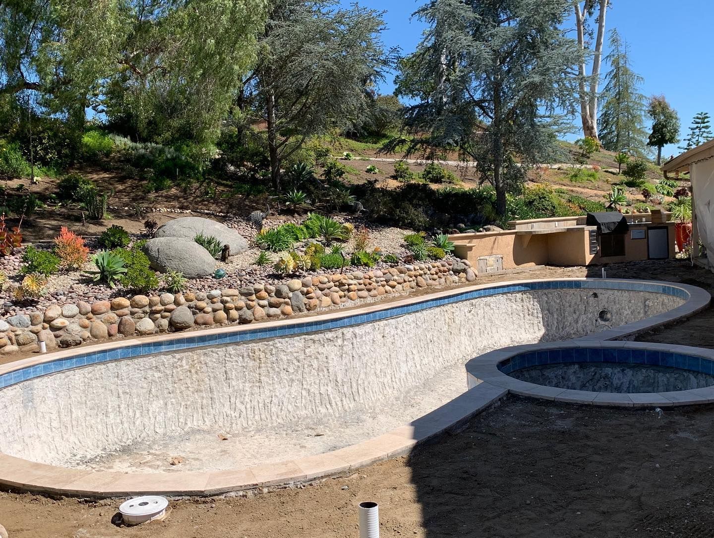 A large swimming pool is surrounded by rocks and trees.