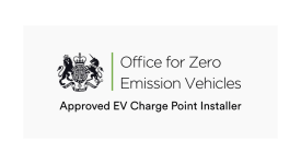 The logo for the office for zero emission vehicles is a approved ev charge point installer.