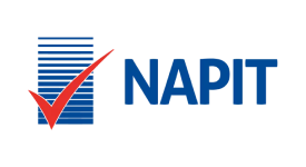 A blue and white logo for napit with a red check mark
