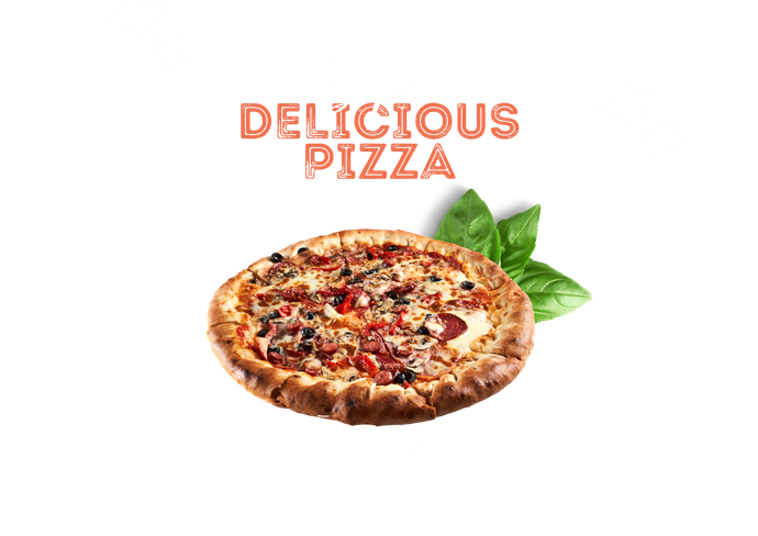 A pizza with the words delicious pizza written on it