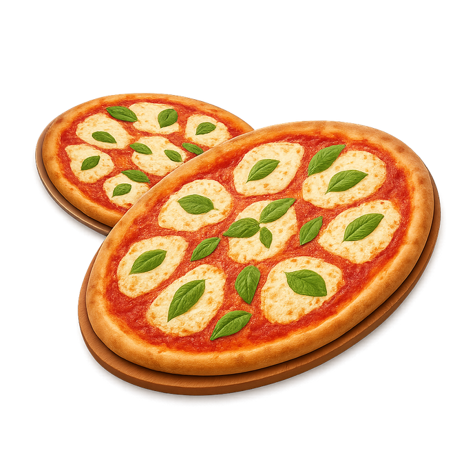 Two pepperoni pizzas on a wooden cutting board on a white background.