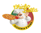 A logo for chico bella pizzeria and subs