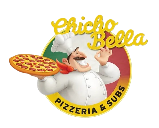 A logo for chico bella pizzeria and subs