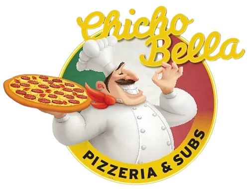 A logo for chico bella pizzeria and subs