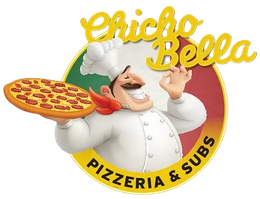 A logo for chico bella pizzeria and subs