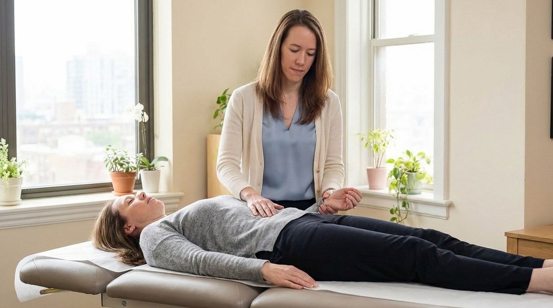 Woman receiving treatment from Dr. Aicia Armitstead, How Emotional Blocks Show Up as Physical Symptoms — And How to Release Them, lying on a massage table. Indoor setting, plants, light colors.