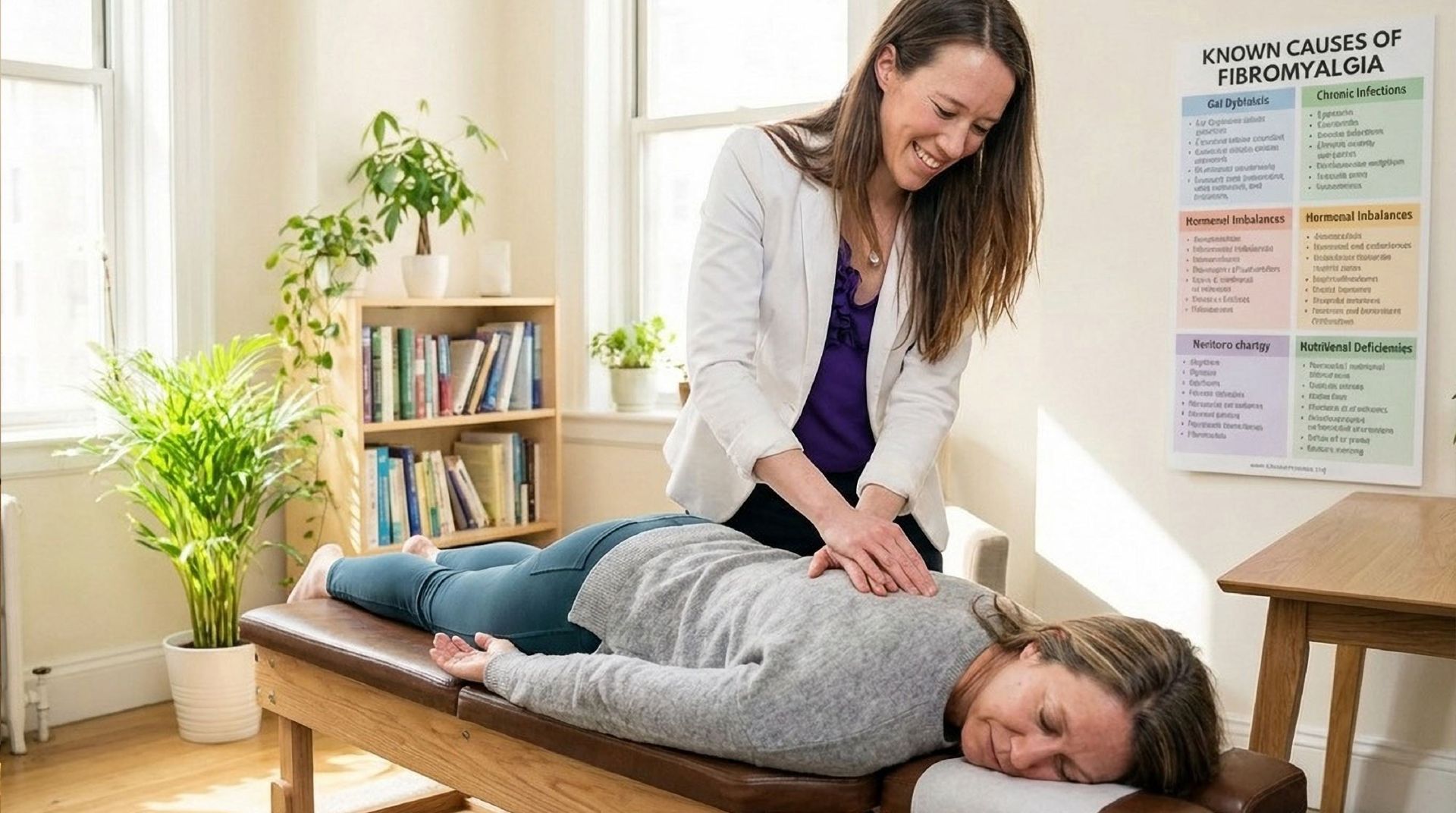 A woman receiving a back massage from Dr. Alicia Armitstead in a bright room.