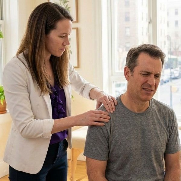 Dr. Alicia Armitstead examining a male patint for Chiropractic Care for Chronic and Severe Shoulder Pain at the Healing Arts NYC Health and Wellness Center in Manhattan, NY 10017, and Connecticut