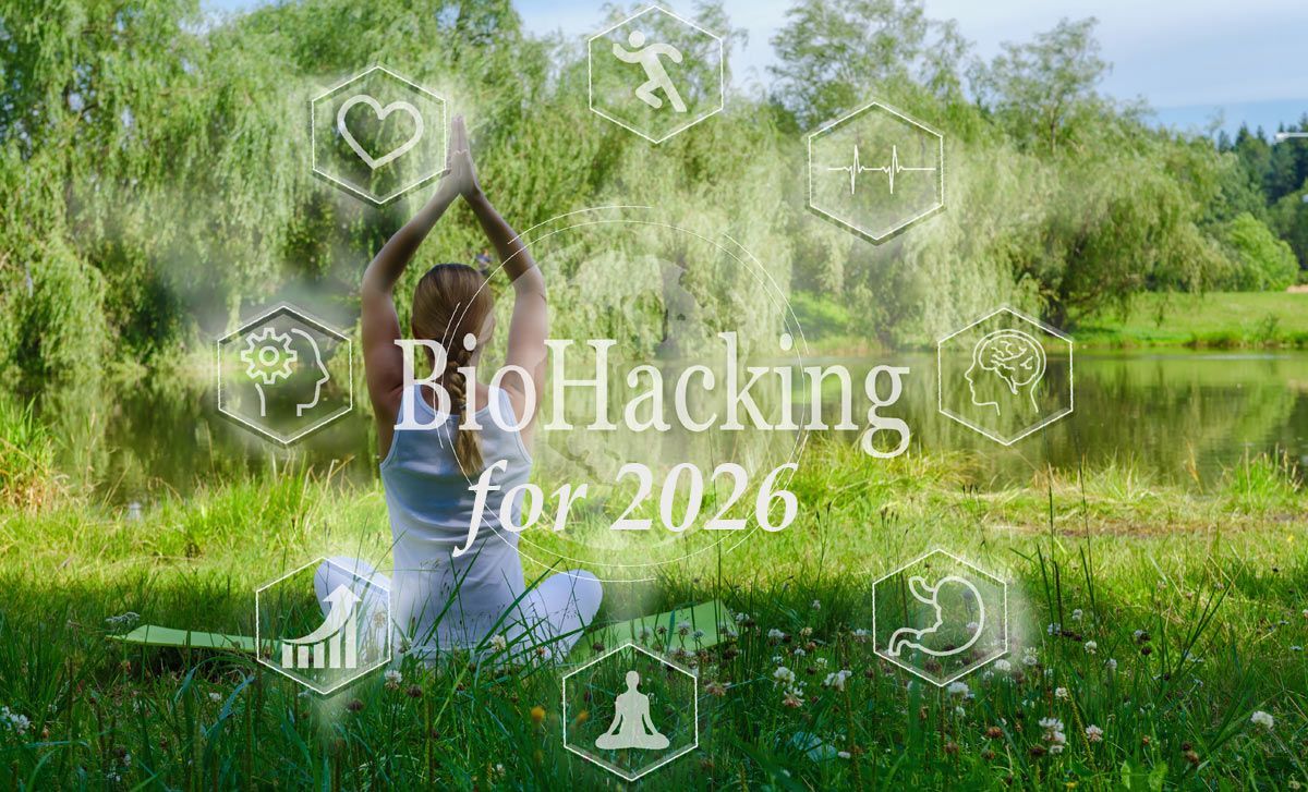 Woman meditating by a lake. Text overlay: BioHacking for 2026, with health-related icons. Green background.