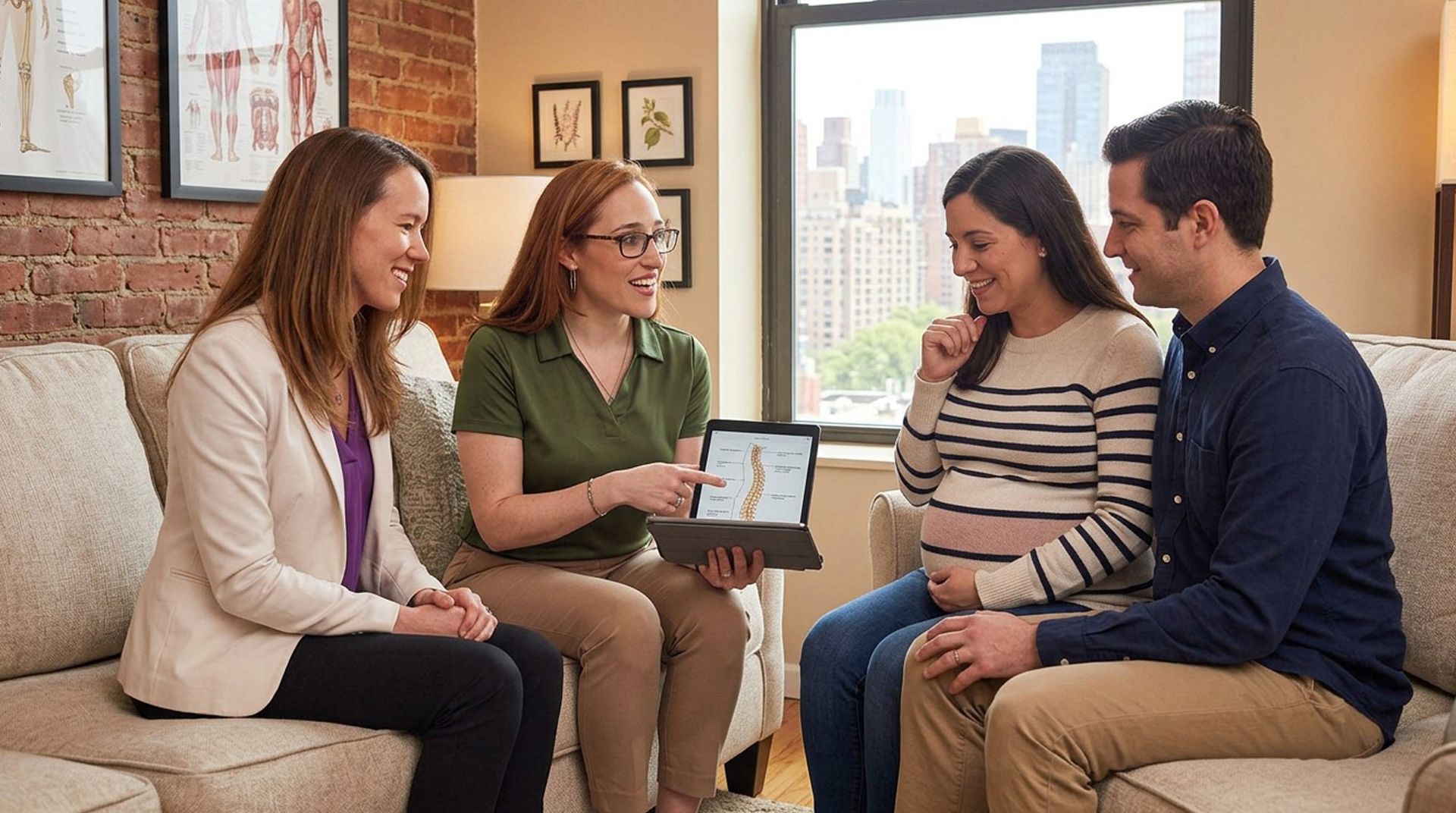 Dr. Alicia Armitstead and Dr. Alana Bloom discussing Natural Fertility Support NYC with a pregnant patient and her husband