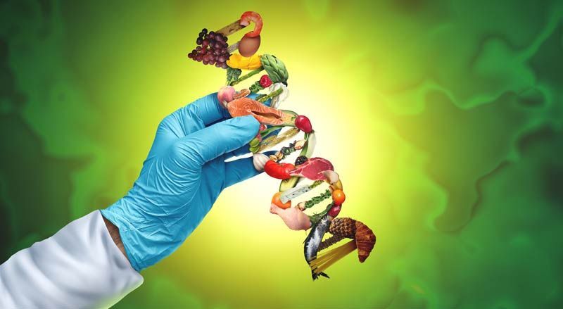 A hand in a blue glove is holding a dna structure made of fruits and vegetables representing food as