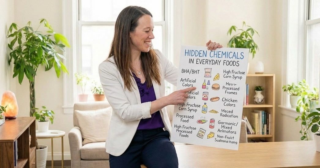 Dr. Alicia Aritstead showing a chart of The Hidden Impact of Food Chemicals 