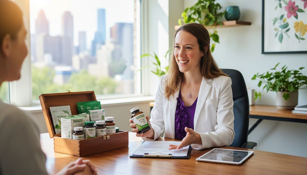 Dr Alicia Armitstead Explaining to a Patient How MediHerb Herbal Supplements to Support Deep Healing