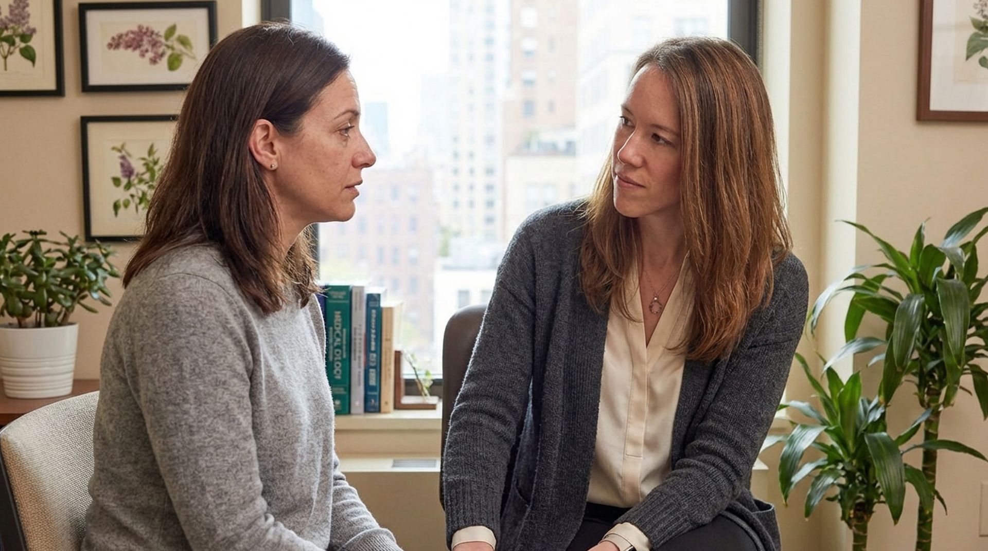 Two people having a focused conversation in a softly lit, plant-filled office with framed floral art on the walls.
