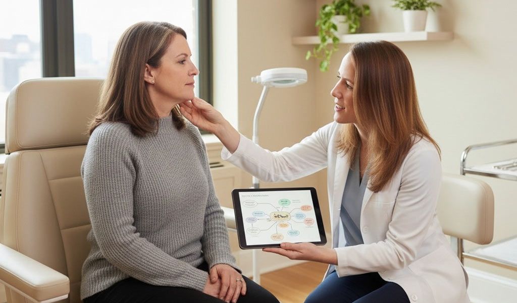 A person consults with Dr. Alicia Armitstead, examining their neck; a tablet displays diagrams.
