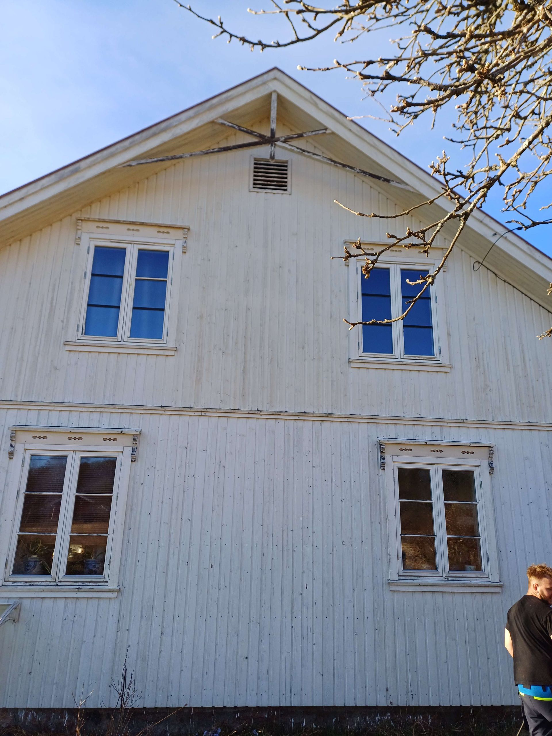 Two side-by-side images of a roof. One is clean and the other is covered in moss. Blue sky on the left.