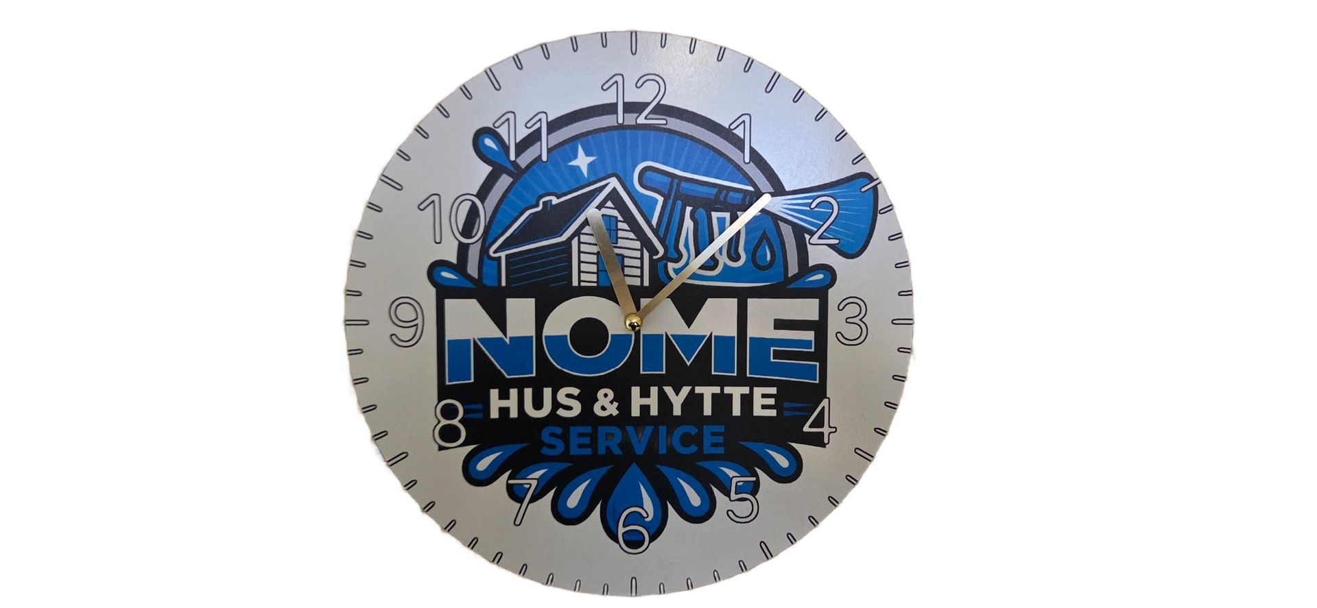 A wall clock featuring a blue and white logo for 