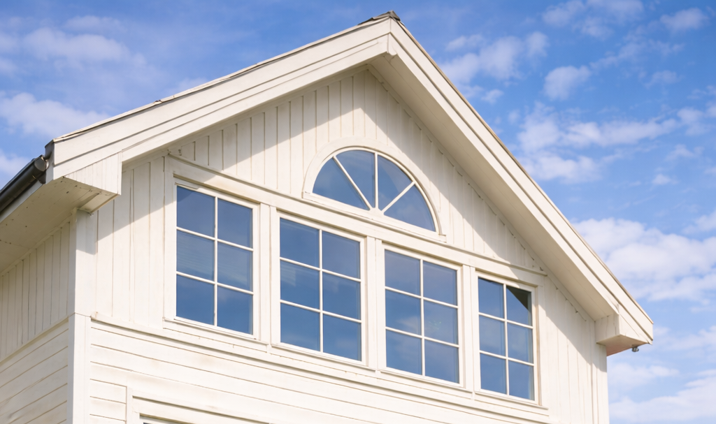 Gray corrugated roof with sunlight creating long shadows, showing some damaged tiles near a small skylight.