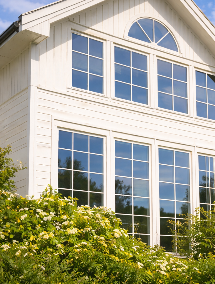 White house with large, paneled windows and a semi-circular transom window, viewed behind lush greenery.