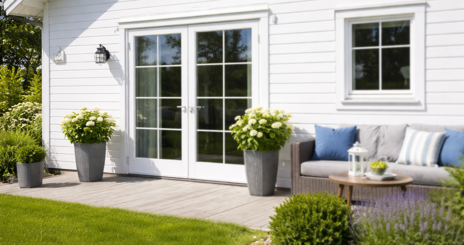 Close-up of a tile roof covered in debris and moss. A gutter is visible on the right. Green trees in the background.