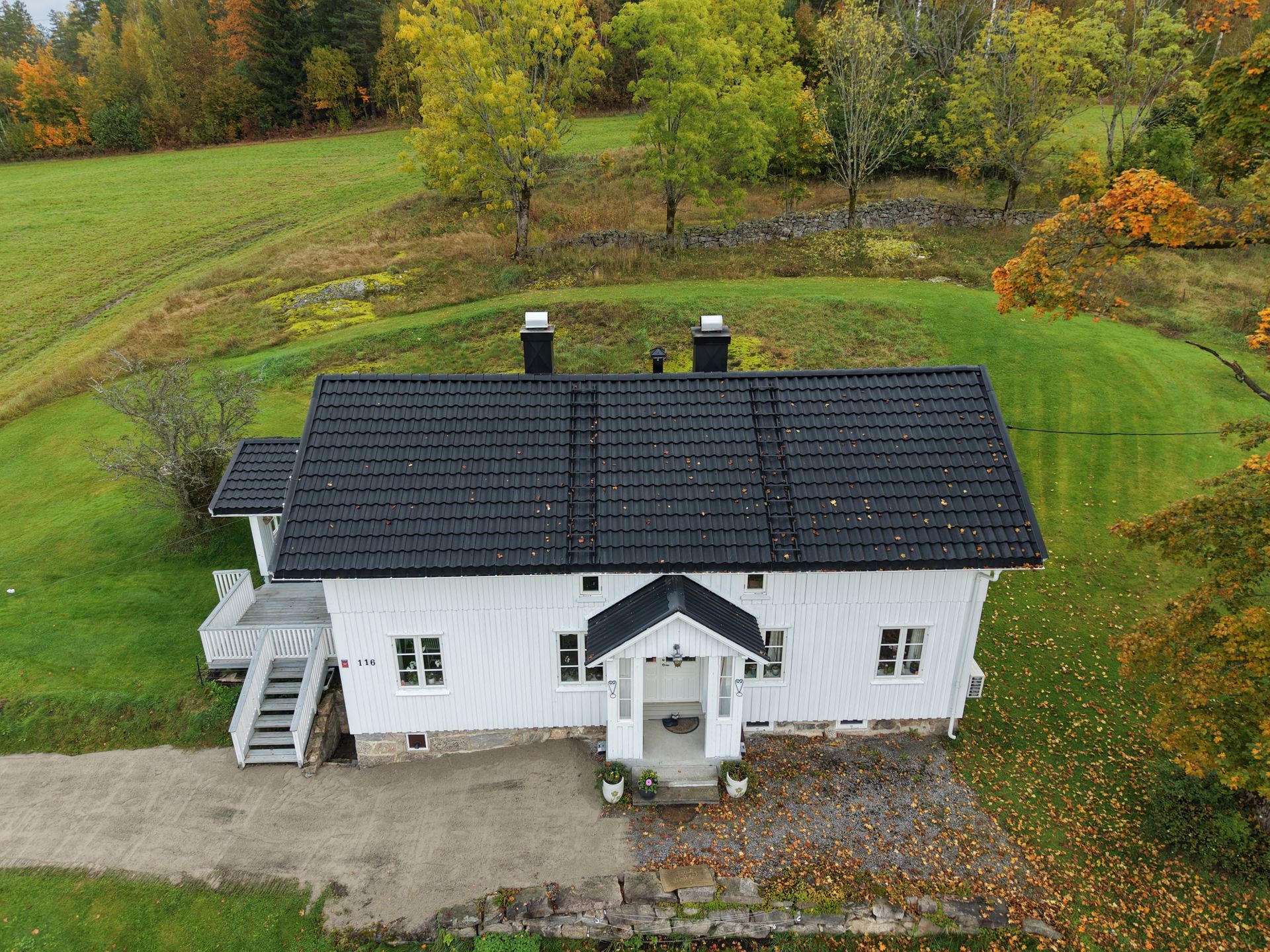 Shadows of two people on green grass.