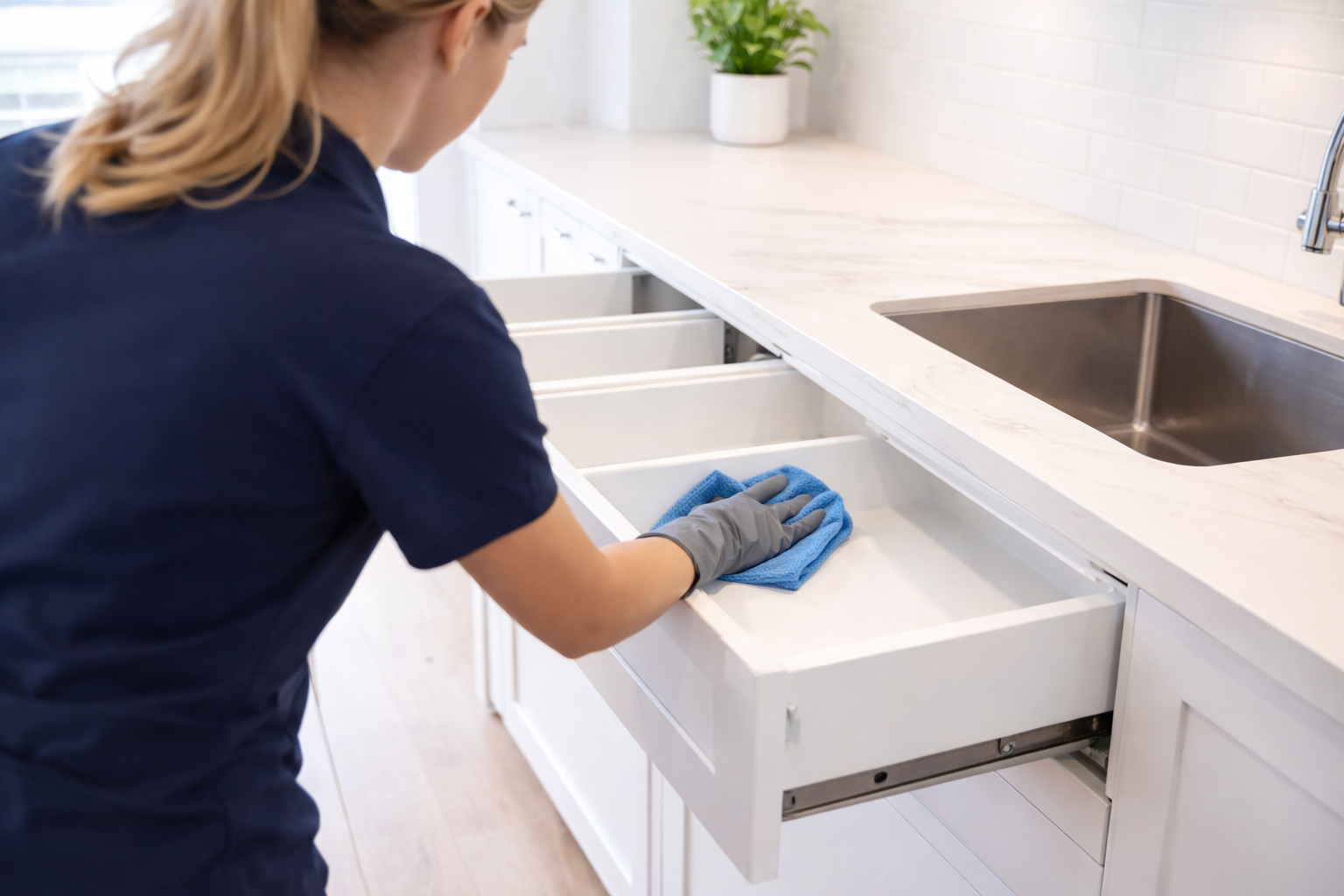 Woman cleaning a kitchen drawer with a blue cloth, wearing a glove; white countertop and cabinets visible.